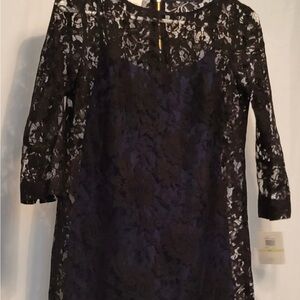 Elegant Black Lace Mini Dress With a Navy Slip Underneath, Size 4P, NWT